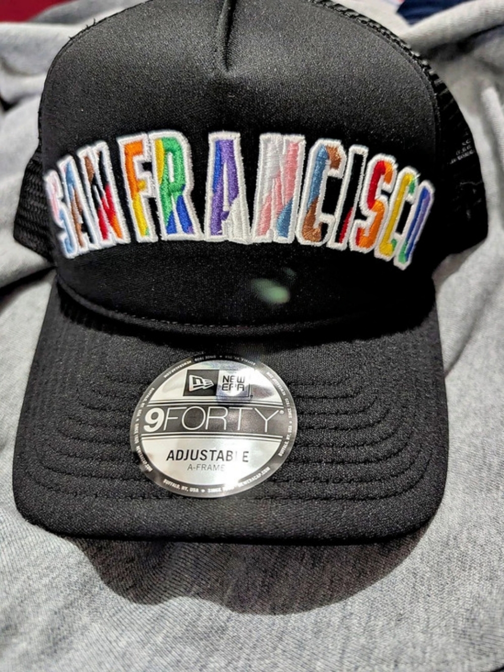 New Era San Francisco 9FORTY A-Frame Trucker Hat Rainbow Wordmark
